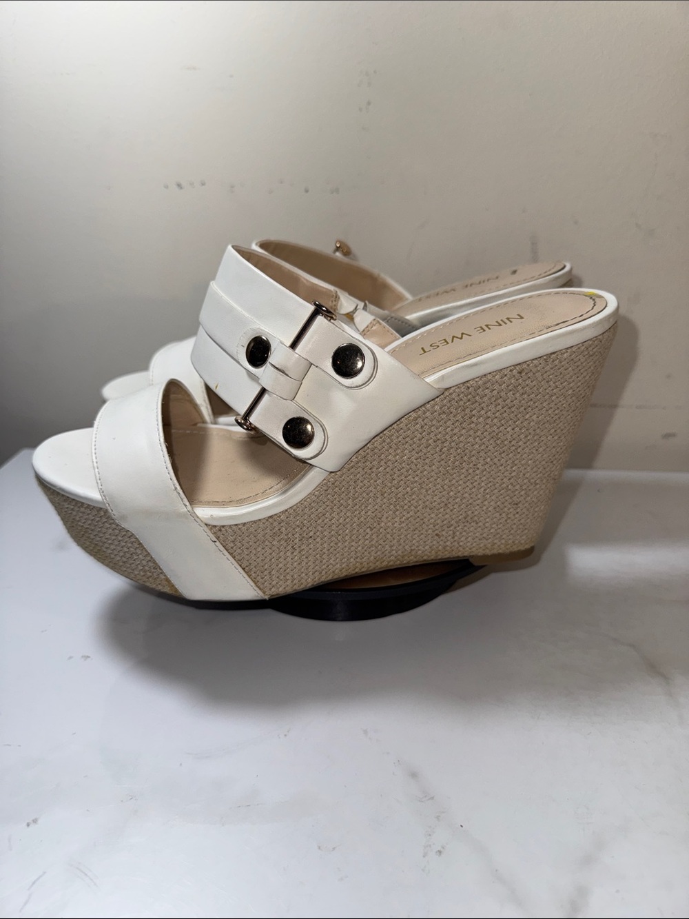 Nine West Lara White Espadrille Platform Wedge Sandals with Buckle Trim Size 9M